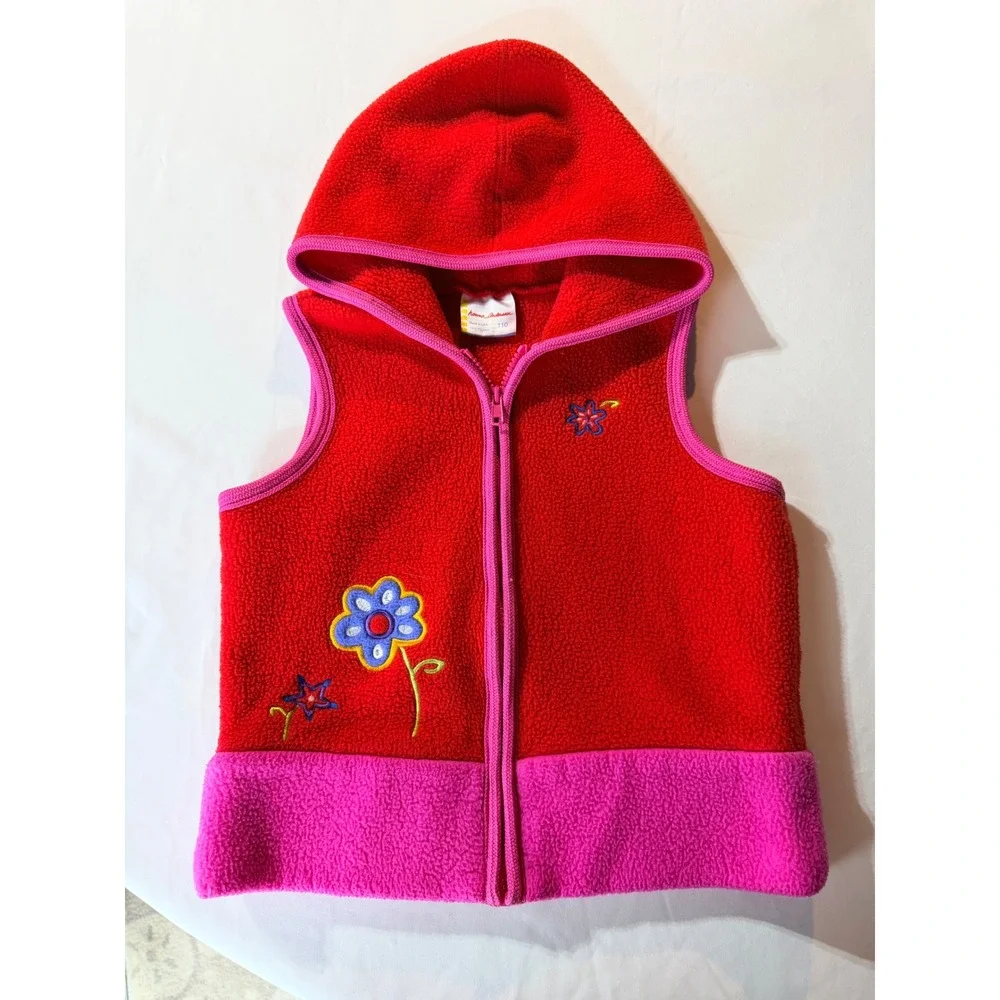 Hanna Andersson Kids Red Pink Floral Fleece Hooded Vest Size 5 Made in USA